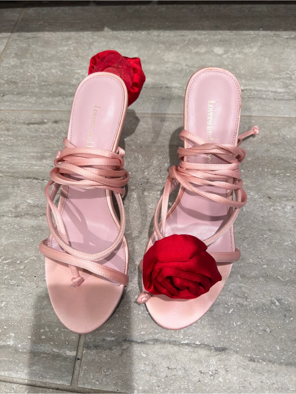 Lovers + Friends Pink Satin Lace-Up Heels with Red Rose Detail